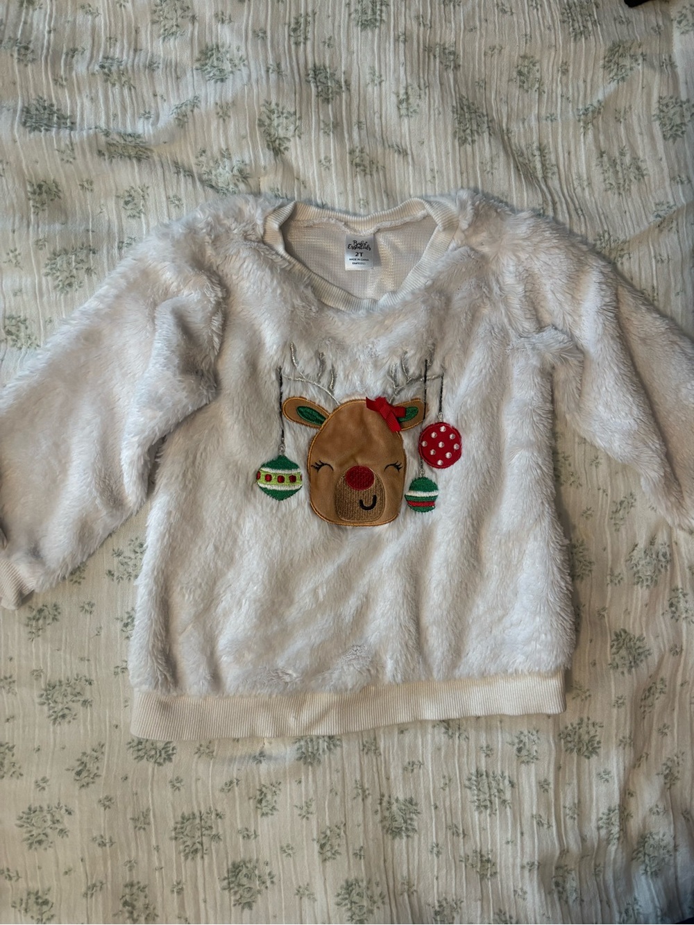 Carter's White Fuzzy Reindeer Holiday Sweatshirt with Red & Green Accents